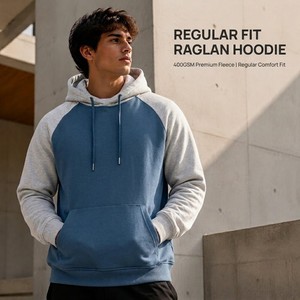 Sweat-shirt à capuche raglan en molleton épais 400 GSM personnalisé pour homme, bicolore bleu-gris, vente en gros - Product Image 2