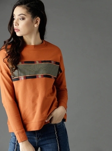 Sweat-shirt à col rond orange pour femme, 100% coton, tricoté, respirant, coupe classique, couleur unie, manches longues, automne - Product Image 4