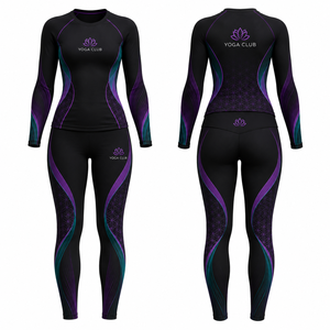 Yoga Club Women's 2 Piece Crew Neck Long Sleeve Yoga Set Color Blocking Full Length Mid Waist Spandex Breathable Seamless <b>Mesh</b> - Product Image 1