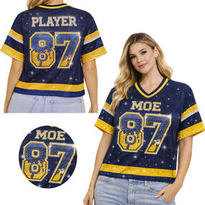 เสื้อเจอร์ซีย์อเมริกันฟุตบอลผู้หญิงสีน้ำเงินเข้มประดับคริสตัลตาข่าย  ปักชื่อและหมายเลขตามสั่ง  คอวี  ขายส่งแบบ OEM - Product Image 1
