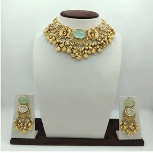 Green Stone Center Coin <b>Beads</b> and Matching Earrings with Traditional Silver Heavy Choker Necklace <b>Set</b> - Product Image 1