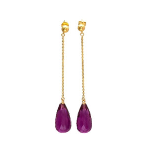 Pendientes Largos de Plata de Ley con Cadena Dorada y Turmalina Rosa Hidro, Diseño de Lágrima Morada, Joyería de Moda - Product Image 3