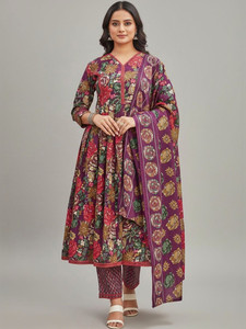<b>Women</b> Purple Floral Printed Rayon Empire Anarkali Shape V-neck Knee-Length Quick Dry <b>Kurta</b> Trousers Dupatta Diwali Wedding Party - Product Image 3