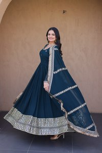 Modern Indian Style Lace Embroidered Anarkali <b>Gown</b> Elegant Floor-Length Wedding Dress Illusion Back <b>Bride</b> Mother Pearls - Product Image 1