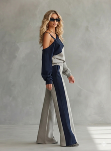 Conjunto de Sudadera de un Hombro con Bloques de Color y Pantalones Anchos para Mujer - Product Image 2