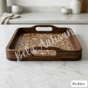Handcrafted Wooden Inlay Floral Pattern Serving Tray Handles Lightweight Movable Wedding Diwali Decorative Tea <b>Coffee</b> Food - Product Image 3