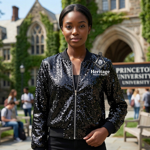 Heritage Masonic Regalia Women <b>Sequin</b> Black Glitter Varsity <b>Jacket</b> Long Sleeve Zipper Fashion Outerwear Greek Apparel - Product Image 2