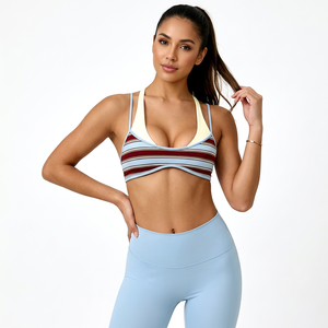Soutien-gorge de sport à imprimé rayé avec bretelles superposées, design col en U, respirant, extensible, pour femmes - Product Image 6