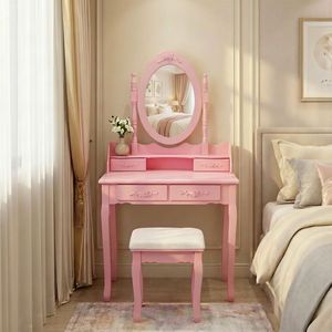Princess <b>Pink</b> Wooden Makeup Vanity <b>Table</b> Set 4 Drawer Girls Bedroom <b>Dressing</b> with Mirror Cushioned Stool for <b>Dressing</b> Relaxing - Product Image 1