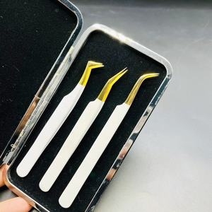 Wholesale Customized Logo White <b>Powder</b> Coated Gold Plated Tip Tweezer Long <b>Volume</b> Sustainable Stainless Steel Eyelash Tweezers - Product Image 3