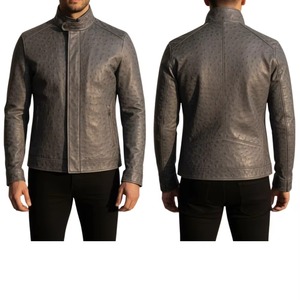 Veste en cuir de vachette véritable pour homme, style Cafe Racer, col montant, effet d'autruche, couleur gris chaud, personnalisation disponible - Product Image 3