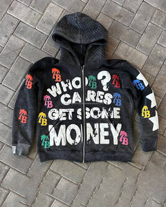 Sweat à capuche zippé 100% coton lavé à l'acide pour homme, vintage, multicolore, impression 3D, style hiver - Product Image 3