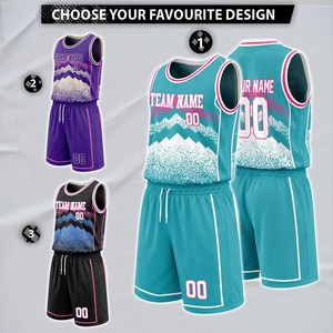 Uniforme de basket-ball personnalisé par sublimation, design montagne bleu sarcelle rose blanc, nom et numéro d'équipe personnalisés, unisexe adulte et junior, anti-humidité - Product Image 1