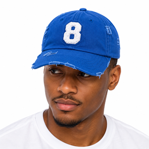Casquette de baseball décontractée bleu roi avec patch numéro 8 blanc, design en coton délavé, visière incurvée, réglable, chapeau de sport pour homme - Product Image 1