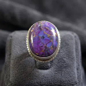 Wholesale 925 Sterling Silver Purple <b>Copper</b> Turquoise Gemstone Statement Ring Bezel Setting Unisex Jewelry - Product Image 2