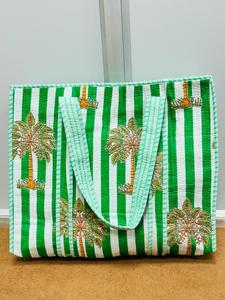 Sac fourre-tout matelassé en coton, rayures vertes et blanches, imprimé palmiers, style bohème, sac de plage, usage estival, ouverture supérieure, grande capacité - Product Image 4