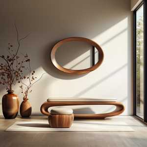 Modern Horizontal <b>Oval</b> Solid Wood Wall <b>Mirror</b> Smooth Curved Timber Frame Living Room Entryway Vanity Accent Decor Artwork Object - Product Image 3