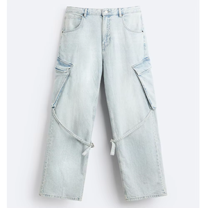 Jean cargo à jambes larges pour hommes, pantalon en denim bleu clair, coupe ample, multi-poches, streetwear, pantalon en coton coupe ample - Product Image 1