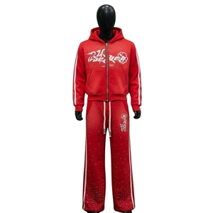Custom Men's <b>Red</b> Rhinestone <b>Hoodie</b> and Sweatpants Set Full Zip Cotton Fleece Tracksuit Graphic Jogger Set OEM ODM Streetwear - Product Image 5