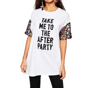 Camiseta 100% de algodón con cuello redondo para mujer, camiseta de gran tamaño con estampado y manga de lentejuelas de arcoíris, venta al por mayor - Product Image 3