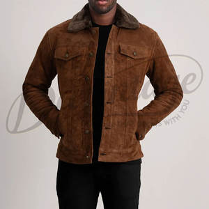 Veste en cuir suédé marron pour homme, style camionneur, hiver, col en fourrure, coupe ajustée, style western décontracté, veste en jean, vêtement d'extérieur - Product Image 5