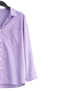 Conjunto de dos piezas de lino color lavanda para mujer, camisa de manga larga con botones y pantalones anchos de cintura elástica, atuendo informal. - Product Image 2