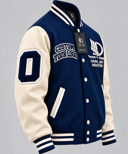 OARH_INT INDUSTRY <b>Men's</b> Navy <b>Cream</b> Varsity <b>Jacket</b> Embroidered Logo Preppy Style Autumn Wear Regular Fit Stand Collar - Product Image 4