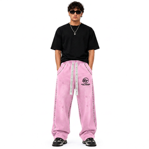 Pantalones Deportivos Anchos para Hombre FIVE THREADS, Color Rosa, Cintura Elástica con Cordón, Franja Lateral, Casuales, Transpirables, 100% Algodón, Gruesos, para Invierno - Product Image 1