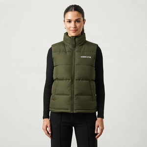 Trendy Olive Green <b>Women</b> Quilted Padded Vest Jacket <b>Sleeveless</b> Winter Outerwear High Collar Full Zip Casual Wear Puffer - Product Image 1