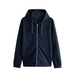 Unisex <b>Navy</b> <b>Blue</b> <b>Fleece</b> Hooded Zipper <b>Jacket</b> Casual Autumn Wear Regular Fit Solid Color Pockets Knitted Polyester Material - Product Image 1