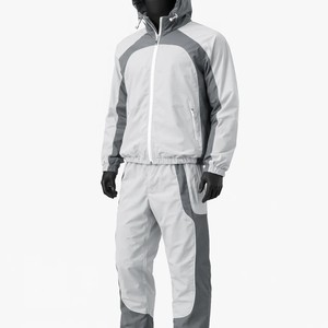 Ensemble coupe-vent gris et blanc à blocs de couleur, résistant à l'eau, à capuche, avec fermeture éclair, pour l'extérieur, toutes saisons, coupe classique - Product Image 3