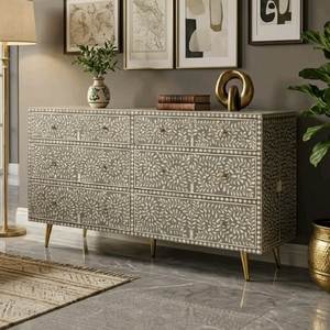 Commode extensible et tables de chevet en os incrusté avec motif floral antique – Idéal pour la maison, l'hôtel et l'appartement - Product Image 6