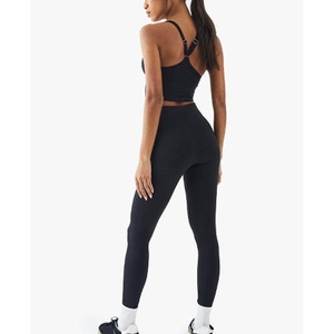 Ensemble de yoga 2 pièces pour femme : Leggings taille haute et crop top dos nageur, noir uni, en Spandex et Polyester, sans couture, longueur intégrale, tenue d'entraînement - Product Image 2