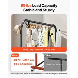 Heavy Duty Carbon Steel <b>Clothing</b> <b>Rack</b> 99 Lbs Load Capacity 3 Storage Shelves Rolling Feature Hanging Rod Side Hooks for Bedroom - Product Image 4