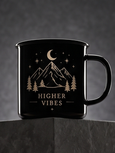 Glossy <b>Black</b> Iron Enamel Mug Higher Vibes Mountain Moon Print Metal Coffee <b>Cup</b> Wholesale Factory Direct Supply Partner Hub - Product Image 2