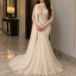 Vestido de Novia Color Marfil con Perlas Bordadas a Mano, Manga Larga Transparente, Corsé con Cuentas, Fular Drapeado, Transpirable para Boda - Product Image 3