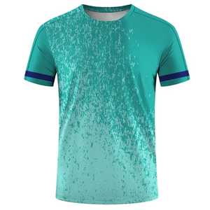 T-shirt à manches courtes pour homme, imprimé bleu et blanc, col rond, coupe classique, séchage rapide, polyester tricoté, style décontracté - Product Image 3