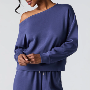 Sweat-shirt à épaules dénudées pour femme, pull sportif décontracté à manches longues, haut léger pour un usage quotidien actif et décontracté - Product Image 5