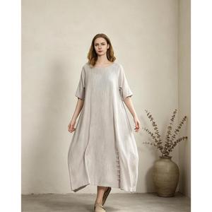 Elegant Khaki Plain Cotton Linen Maxi <b>Dress</b> With O-Neck <b>Loose</b> Fit Short Sleeve Summer Casual Midi <b>Dress</b> For Women - Product Image 1