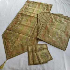 Floral Jacquard Wool/Silk Table <b>Runner</b> and Placemats Set Navy Blue Dining Table Decor <b>Washable</b> & Stain Resistant - Product Image 5