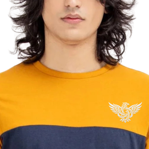 Camiseta de algodón para hombre, color mostaza y azul marino, con bloques de color, cuello redondo, manga corta, informal, atlética, para entrenamiento, fitness, uso diario, verano - Product Image 4