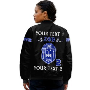 เสื้อแจ็คเก็ตบอมเบอร์ผ้าแคนวาส Zeta Phi Beta สีดำสำหรับผู้ชาย  ชมรมพี่น้องชาวกรีก  แบบวาร์ซิตี้ กันน้ำ สำหรับฤดูหนาว  ปักลาย  ผลิตตามสั่ง  ผู้ผลิต OEM - Product Image 2