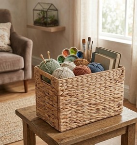 Foldable Handmade Natural Water Hyacinth Woven <b>Storage</b> <b>Basket</b> Rustic <b>Rectangular</b> Organizer, Large Multipurpose Use <b>Basket</b> - Product Image 6