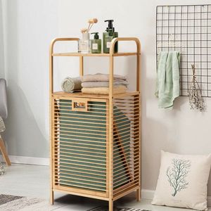 Moderno Cesto Portabiancheria Grande in Bambù con Ripiano a 2 Livelli, Fodera Rimovibile e Coperchio - Product Image 2