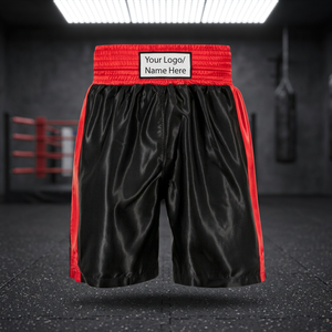 Pantalones Cortos de Boxeo Negros y Rojos con Logotipo Personalizado, Equipo de Entrenamiento de Artes Marciales de Satén - Product Image 4