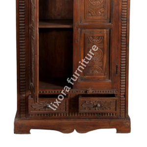 Luxury Handcrafted Solid Wood 2 Door <b>Wardrobe</b> Ornate Floral Carving Antique Finish <b>Storage</b> Armoire - Product Image 4