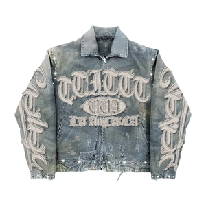 OEM Custom Patch Embroidery <strong>Letter</strong> Cotton Canvas Rhinestone Vintage Wash Distressed Denim <strong>Jacket</strong> and Shorts for <strong>Men</strong> - Product Image 2