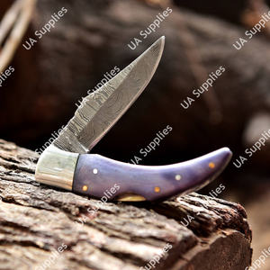 Cuchillo Plegable de Acero de Damasco Hecho a Mano con Mango de Madera Pakka, Borde Biselado, Funda de Cuero, OBM, para Caza y Uso Multifuncional - Product Image 5