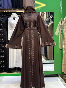 Wholesale Modest Dubai Beaded Sequined Long Sleeve Abaya Muslim Traditional Handmade Wedding Women Polyester Breathable V Neck - Product Image 5