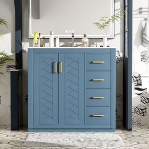 36-Inch <b>Bathroom</b> <b>Vanity</b> with Ceramic Sink Combo Solid Wood Frame Storage Cabinet 3-Drawer Freestanding <b>Vanity</b> Set - Product Image 3